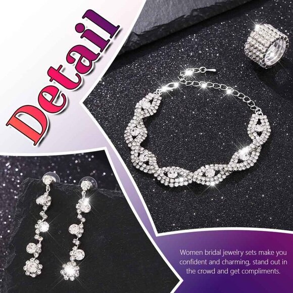 Women Bridal Rhinestone Jewelry Set Necklace Earrings Bracelet Ring - Picture 6 of 7